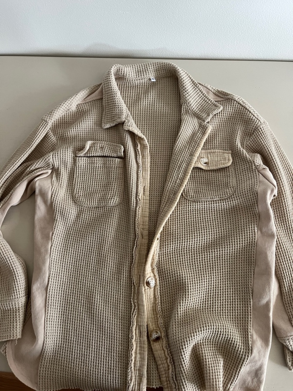 Lightweight Beige Waffle-Knit Shirt Jacket